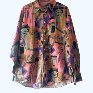 🎨 Vintage Colorful Abstract Button-Up Shirt – XL 🎨